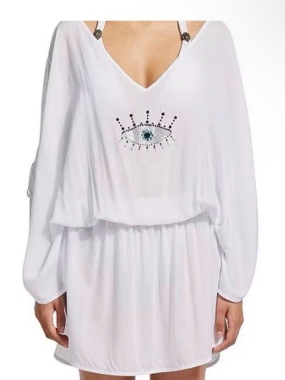 Kurt Geiger White V-Neck Eye-Embellished Mini Dress sz Small